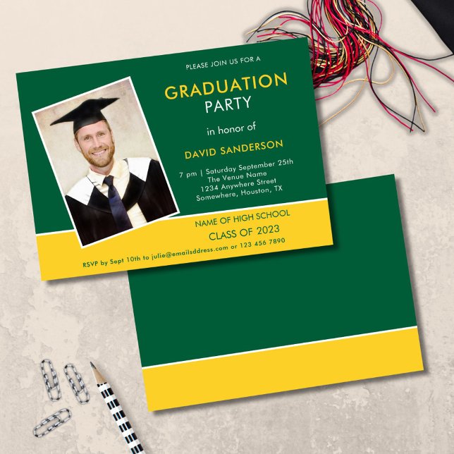 Simple Text Photo Yellow Green 2025 Graduation Invitation (front and back view)