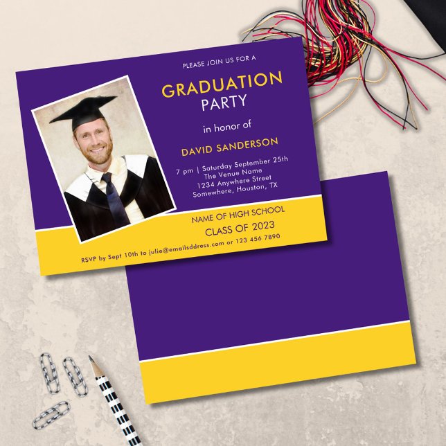 Simple Text Photo Yellow Purple 2025 Graduation Invitation (front and back view)