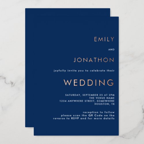 Simple Text QR Code Wedding Navy Rose Gold Real Foil Invitation