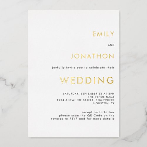 Simple Text QR Code Wedding White Gold Real Foil Invitation