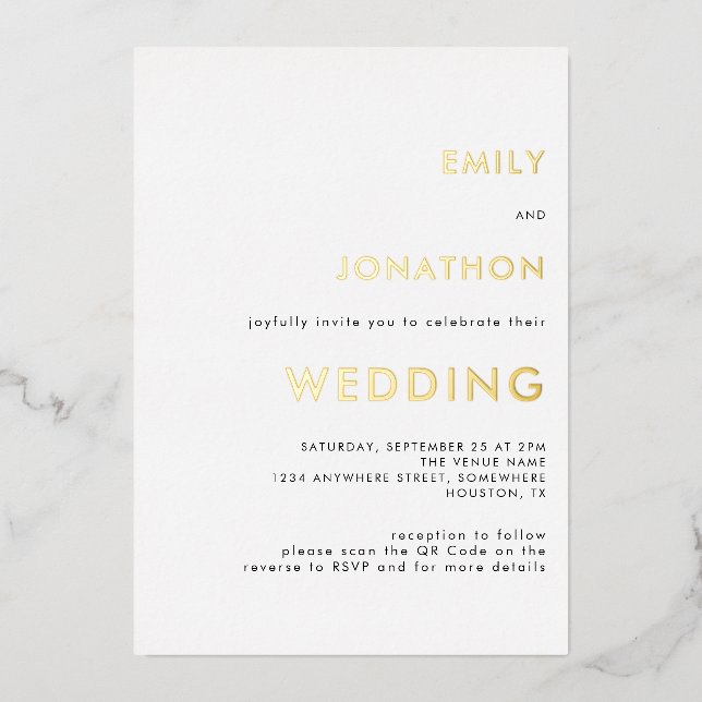 Simple Text QR Code Wedding White Gold Real Foil Invitation (Front)