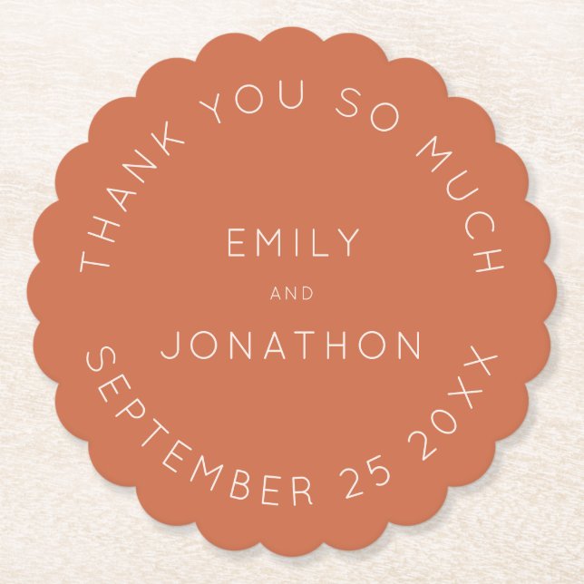 Simple Text Terracotta Names Date Custom Wedding Paper Coaster (Front)