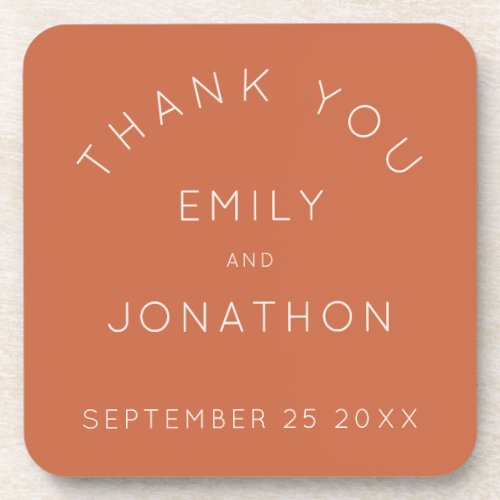 Simple text Terracotta Wedding Thank You favor Beverage Coaster