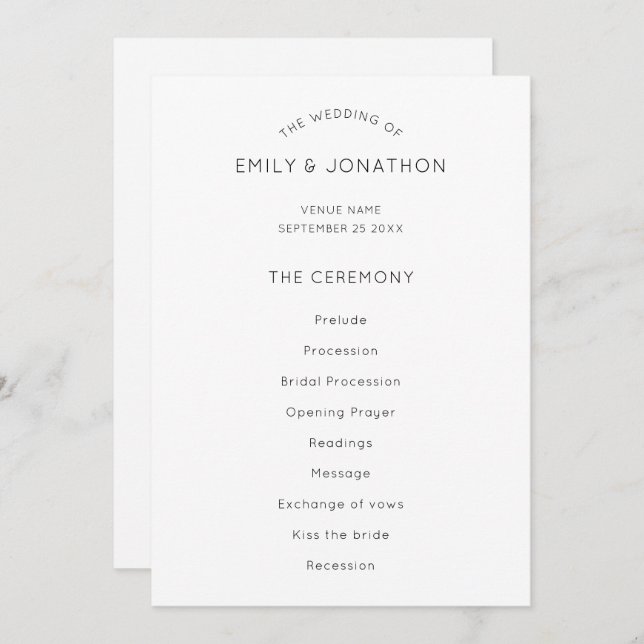 Simple Text Wedding Program Black White  (Front/Back)