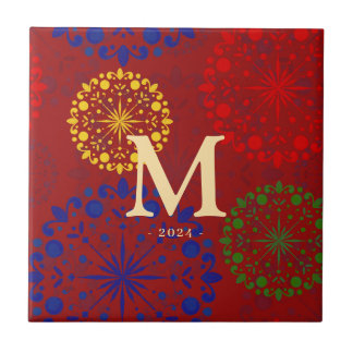 Simple textured snowy mandala ceramic tile
