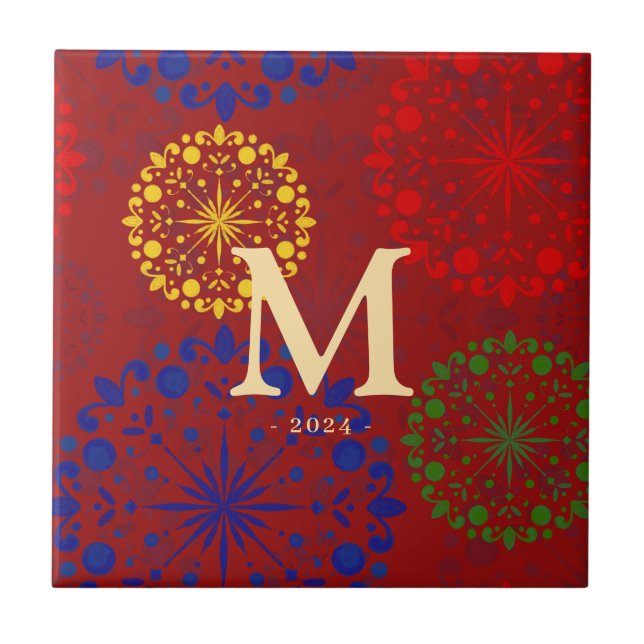 Simple textured snowy mandala ceramic tile (Front)