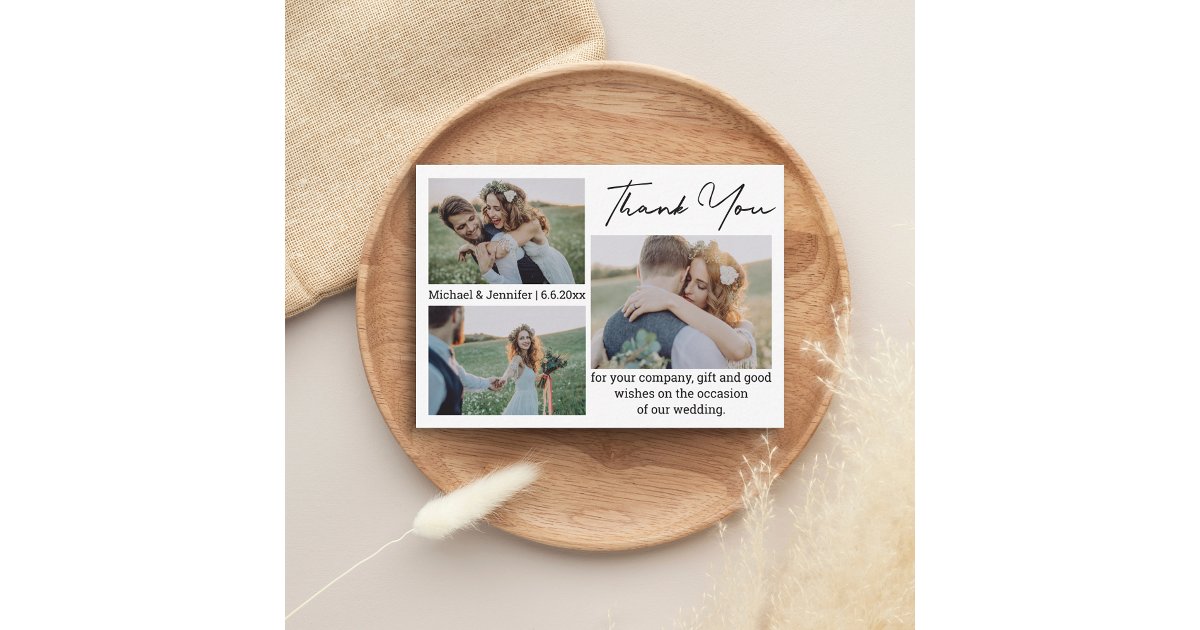 simple thank you 3 photos wedding note card | Zazzle