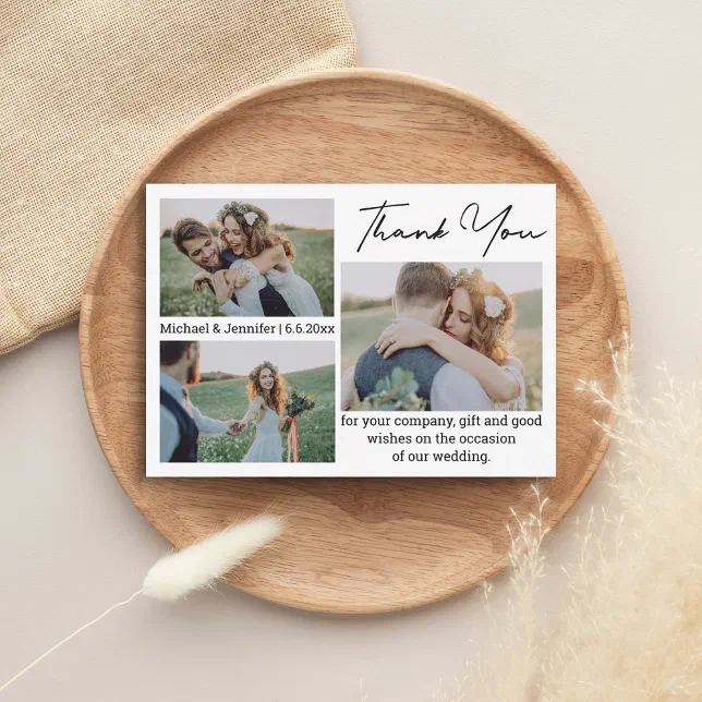 simple thank you 3 photos wedding note card | Zazzle