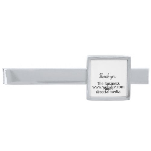 Simple thank you add business name details text  t silver finish tie bar