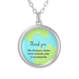 Simple thank you add business name details text t silver plated necklace