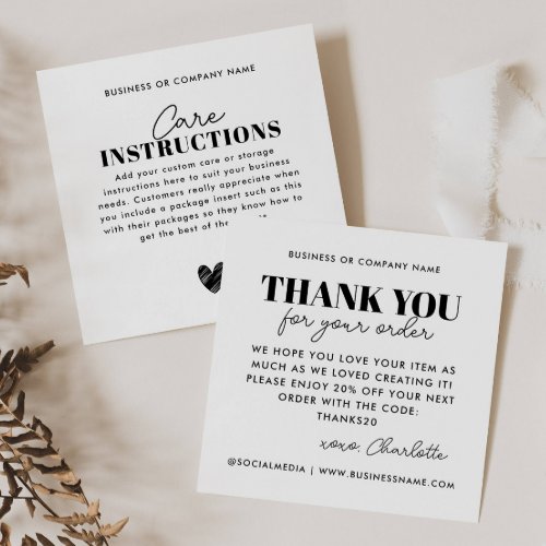 Simple Thank You Heart Care Instruction Business Enclosure Card