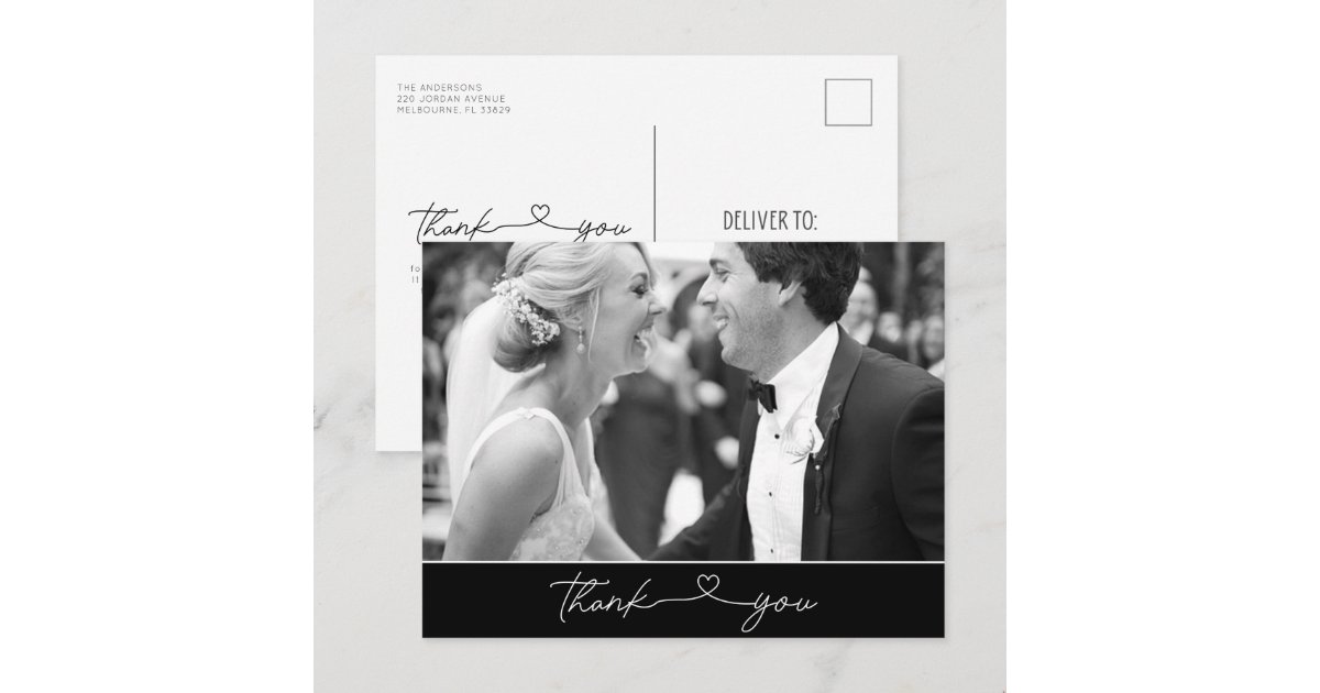 Simple Thank You Heart Script Photo Wedding Postcard | Zazzle