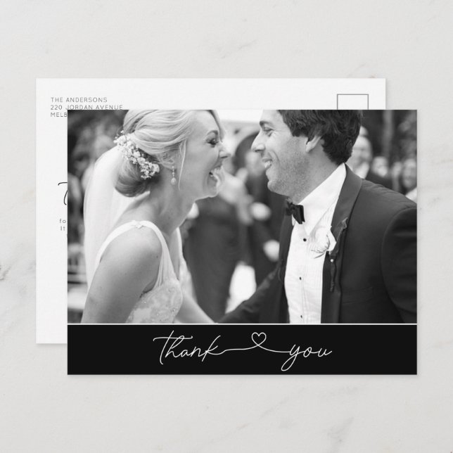 Simple Thank You Heart Script Photo Wedding Postcard (Front/Back)