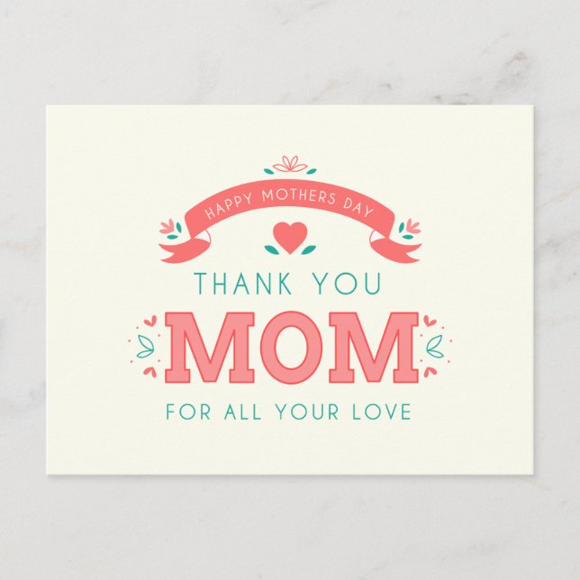 Simple Thank You Mom Mother's Day | Postcard (Front)