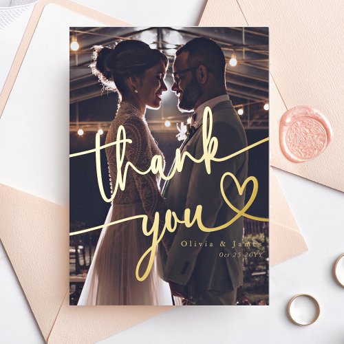 Simple Thank You Script Heart Wedding Photo Foil Holiday Card