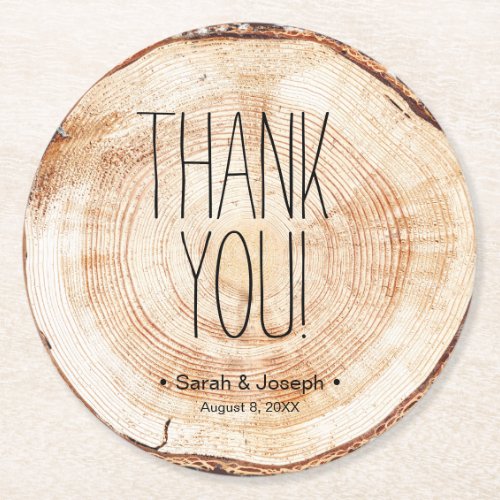 Simple Thank You Wood Grain Rustic Wedding  Round Paper Coaster