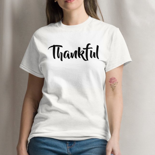 Simple Thankful White Trendy Thanksgiving Holiday  T-Shirt (Creator Uploaded)