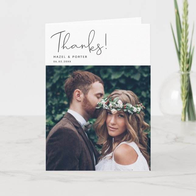 Simple Thanks Hand Lettered Script Wedding Photo Letterpress Thank You Card (Front)