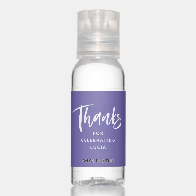 Simple thanks personalized purple baby shower hand sanitizer (Front)