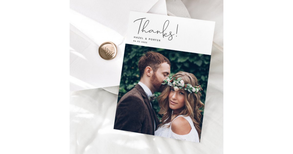 Simple Thanks Script Modern Wedding Photo Thank You Card | Zazzle