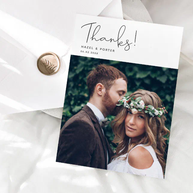 Simple Thanks Script Modern Wedding Photo Thank You Card | Zazzle