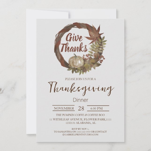 Simple Thanksgiving Dinner watercolor Pumpkin Fall Invitation (Front)