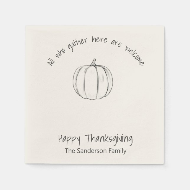 Simple Thanksgiving Pumpkin All Who Gather Napkins (Front)