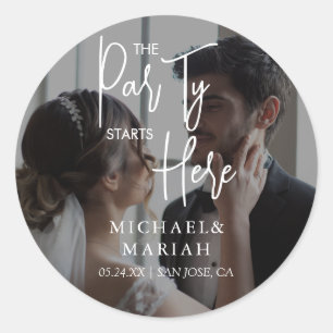 Simple The Party Starts Here Rehearsal Dinner Classic Round Sticker