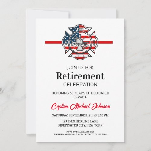 Simple Thin Red Line Fire Department Retirement  Invitation