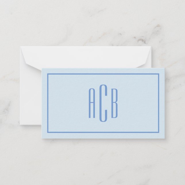 Simple Three Letter Blue Monogram Border 3.5x2 Note Card (Front)