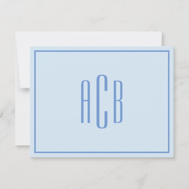 Simple Three Letter Blue Monogram Border Note Card (Front)