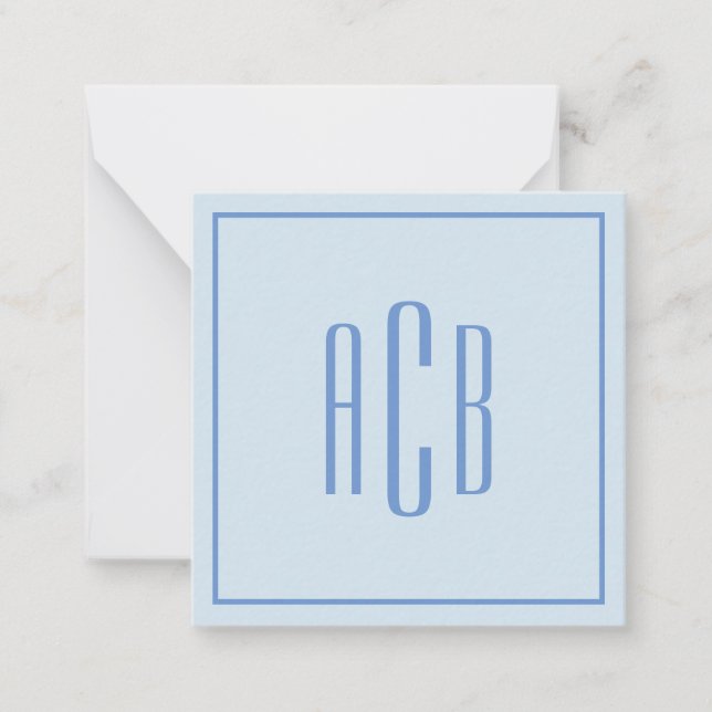 Simple Three Letter Blue Monogram Border Note Card (Front)