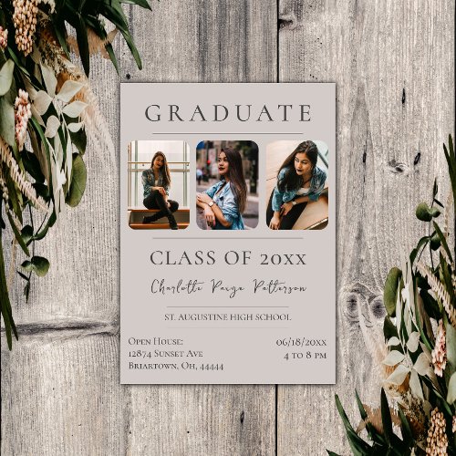 Simple Three Photo Graduation  Beige Invitation