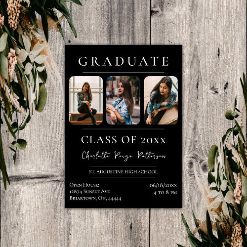 Simple Three Photo Graduation  Black Invitation