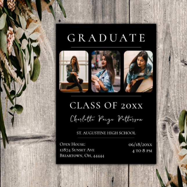 Simple Three Photo Graduation | Black Invitation (Black Simple Three Photo Graduation Invitation)