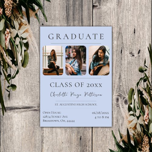 Simple Three Photo Graduation  Blue Invitation