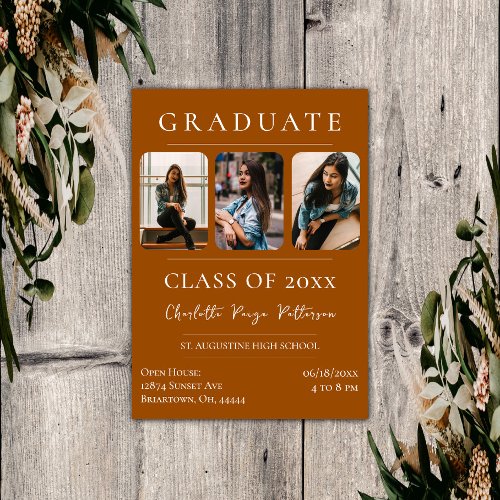 Simple Three Photo Graduation  Burnt Orange Invitation