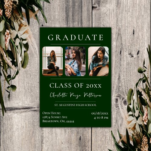 Simple Three Photo Graduation  Emerald Green Invitation