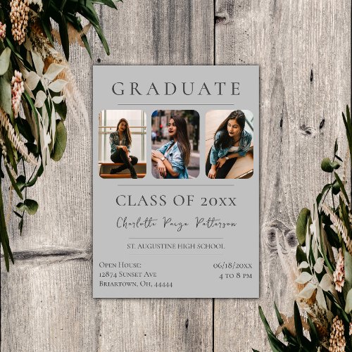 Simple Three Photo Graduation  Gray Invitation