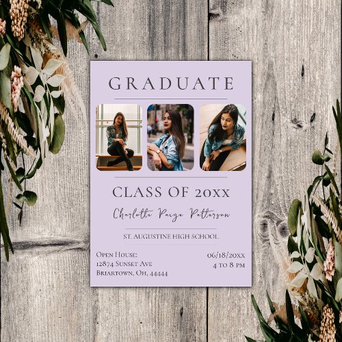 Simple Three Photo Graduation  Lavender Invitation