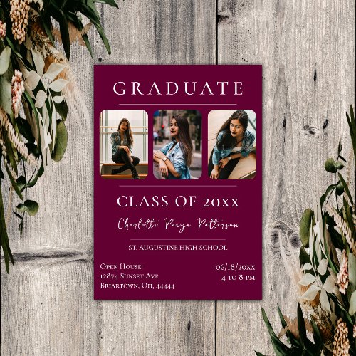 Simple Three Photo Graduation  Magenta Invitation