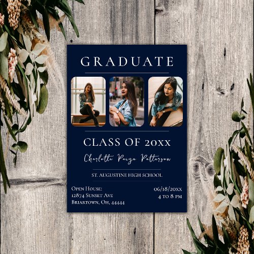 Simple Three Photo Graduation  Navy Blue Invitation