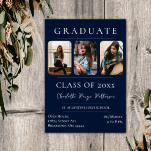 Simple Three Photo Graduation Navy Blue Invitation
