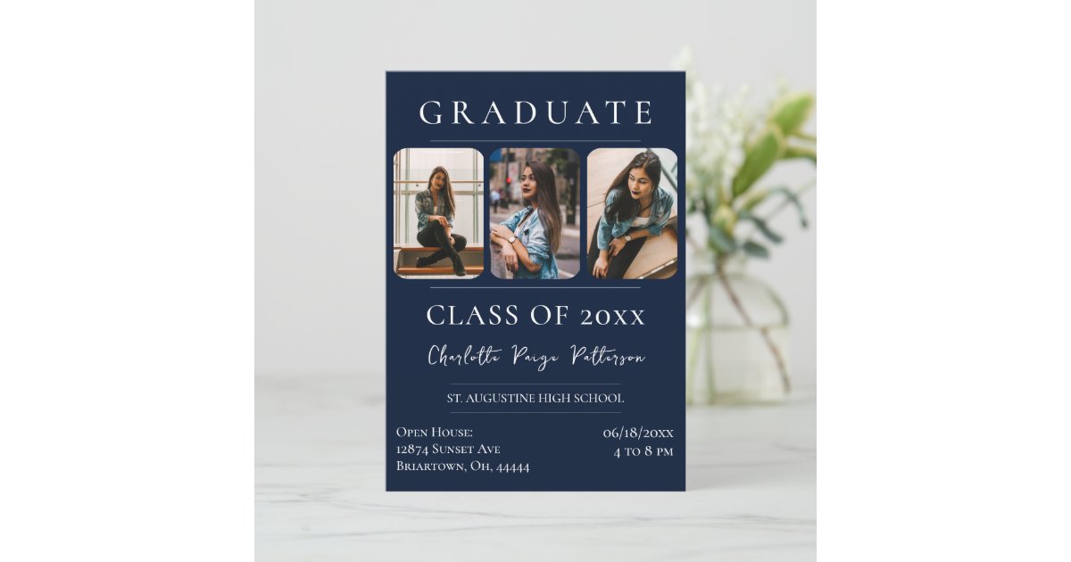 Simple Three Photo Graduation Navy Blue Invitation Zazzle