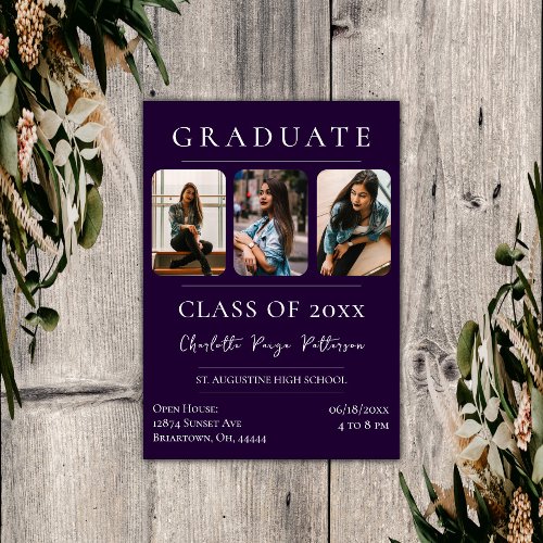 Simple Three Photo Graduation  Purple Invitation