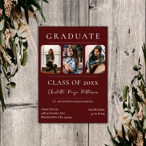 Simple Three Photo Graduation  Red Invitation