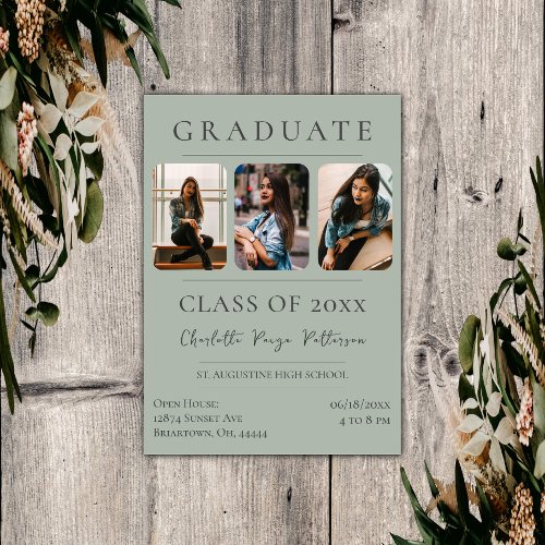 Simple Three Photo Graduation  Sage Green Invitation