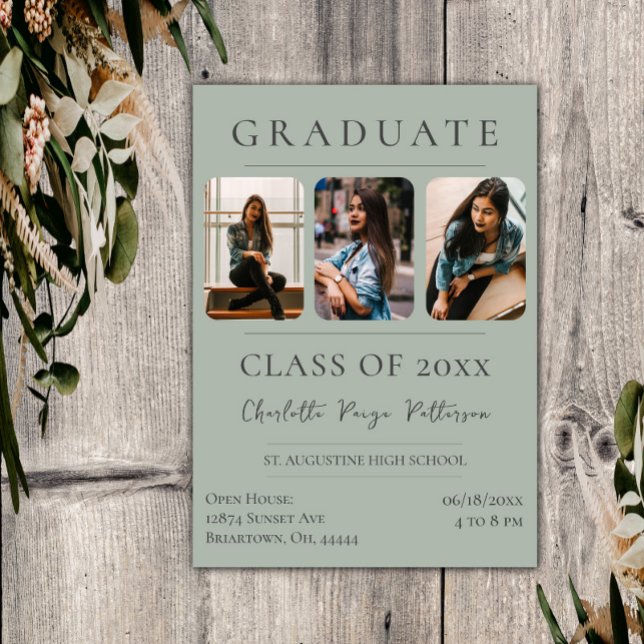 Simple Three Photo Graduation | Sage Green Invitation (Sage Green Simple Three Photo Graduation Invitation)