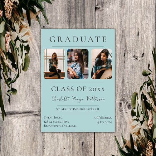 Simple Three Photo Graduation  Teal Invitation