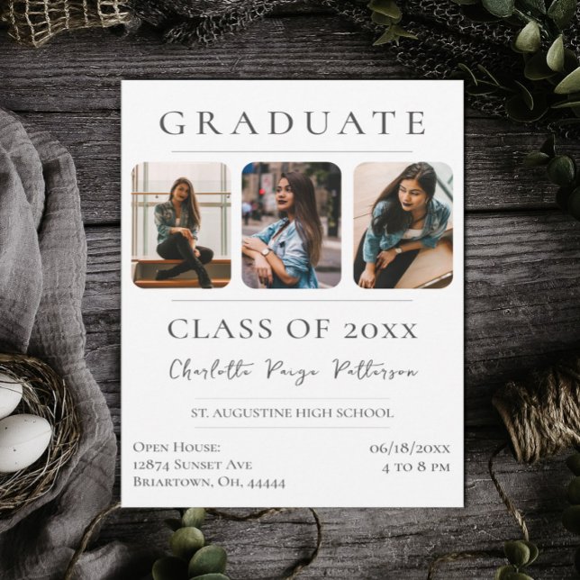 Simple Three Photo Graduation | White Invitation (White Simple Three Photo Graduation Invitation)